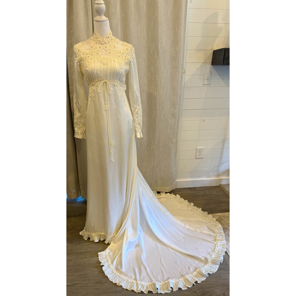 Vintage 70's Ivory Satin Long Sleeve High Neck Empire Victorian Lace Train Gown